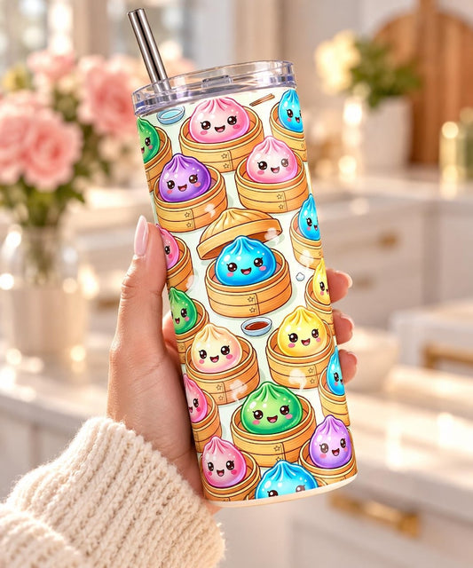 Kawaii Dumpling Tumbler, 20oz Stainless Steel Skinny Cup, Dim Sum Lover Gift