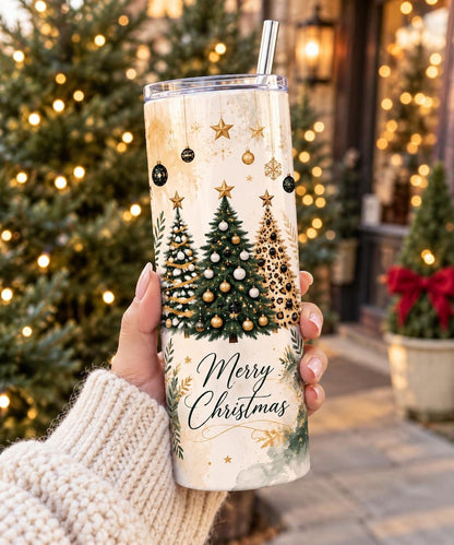 20 oz Stainless Steel Christmas Tumbler, Leopard Tree Design