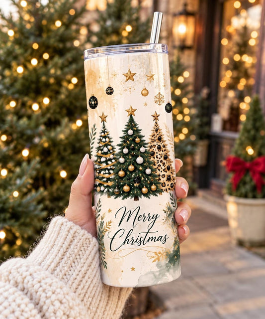 20 oz Stainless Steel Christmas Tumbler, Leopard Tree Design