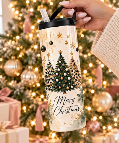 20 oz Stainless Steel Christmas Tumbler, Leopard Tree Design