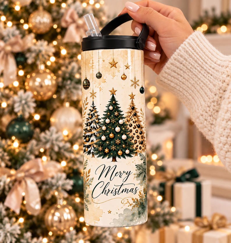 20 oz Stainless Steel Christmas Tumbler, Leopard Tree Design