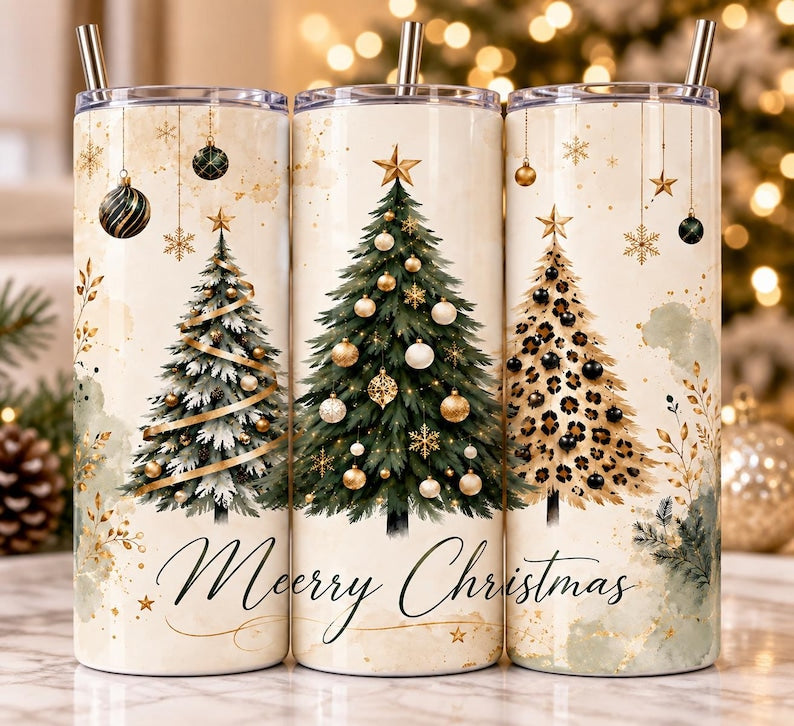 20 oz Stainless Steel Christmas Tumbler, Leopard Tree Design