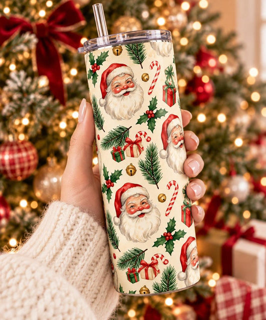 Vintage Santa Tumbler, 20 oz Christmas Gift, Retro Holiday Drinkware