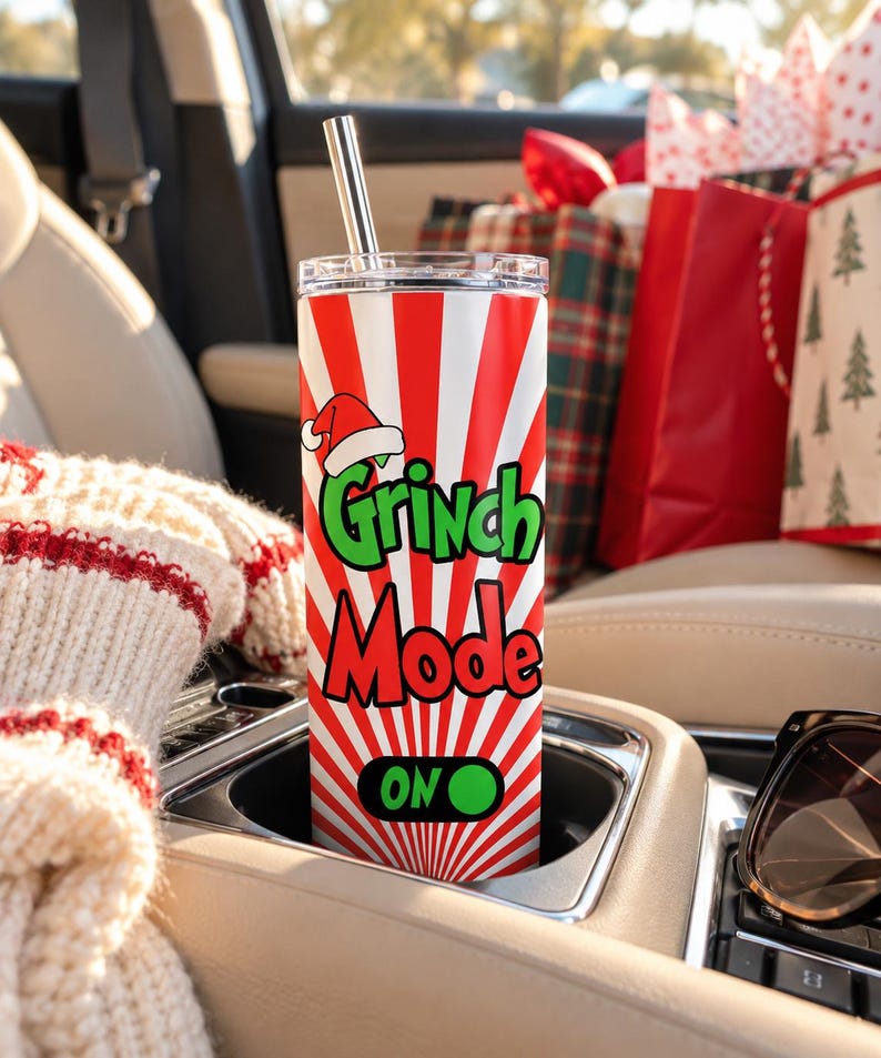 Grinch Mode On Tumbler, 20oz Skinny Stainless Steel Holiday Cup (Sublimation Design)