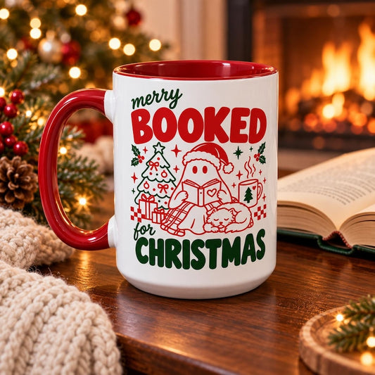 Merry Booked for Christmas Mug, Christmas Book Lover Mug, Cat Lover Coffee Cup, Reader Gift, Holiday Mug 11oz 15oz