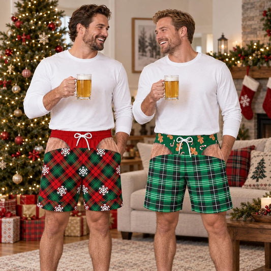 Custom Funny Men's Christmas Pajamas Pants, Fake Underwear Illusion Plaid Bottoms, Ugly Christmas Gift for Husband, Holiday Party Outfit