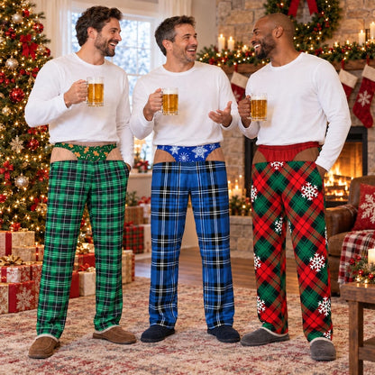 Custom Funny Men's Christmas Pajamas Pants, Fake Underwear Illusion Plaid Bottoms, Ugly Christmas Gift for Husband, Holiday Party Outfit