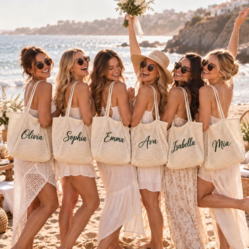 Personalized Crochet Beach Tote Bag, Custom Name Bridesmaid Gift, Wedding Welcome Bag, Custom Name Summer Bag, Luxury Summer Tote