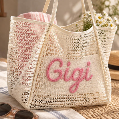 Personalized Crochet Beach Tote Bag, Custom Name Bridesmaid Gift, Wedding Welcome Bag, Custom Name Summer Bag, Luxury Summer Tote
