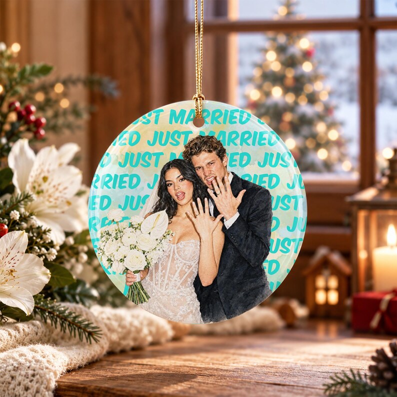 Engagement Ceramic Ornament, Personalized Watercolor Photo Wedding Gift, Newlywed Keepsake, Engaged Gift For Couples, Christmas Tree Decor