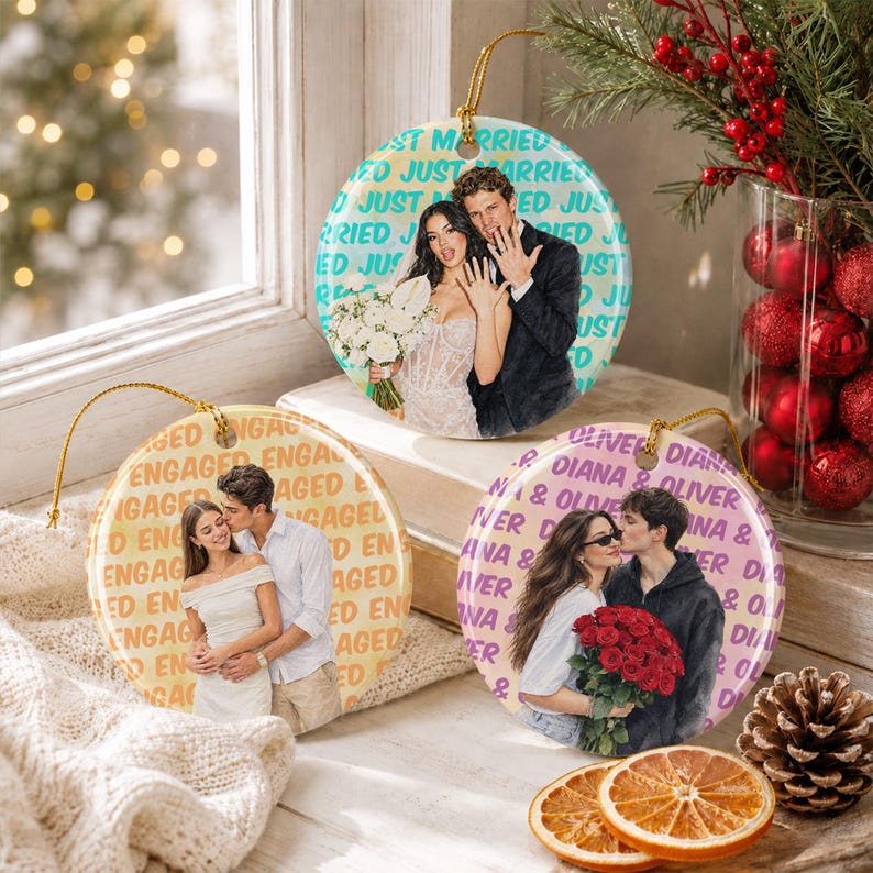 Engagement Ceramic Ornament, Personalized Watercolor Photo Wedding Gift, Newlywed Keepsake, Engaged Gift For Couples, Christmas Tree Decor