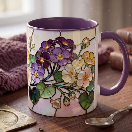 February Birth Flower Mug, Stained Glass Violet & Primrose Mug, February Birthday Gift, Floral Coffee Mug, Jewel Tone Flower Mug