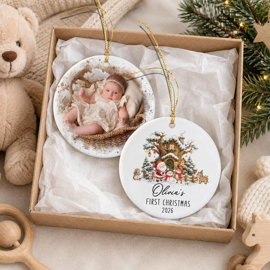Personalized Baby Photo First Christmas Ornament, Santa Reindeer Winter Forest Double Sides Ceramic