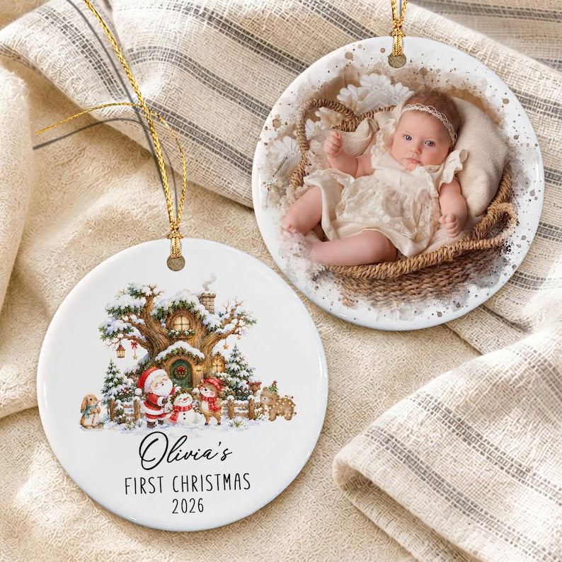 Personalized Baby Photo First Christmas Ornament, Santa Reindeer Winter Forest Double Sides Ceramic