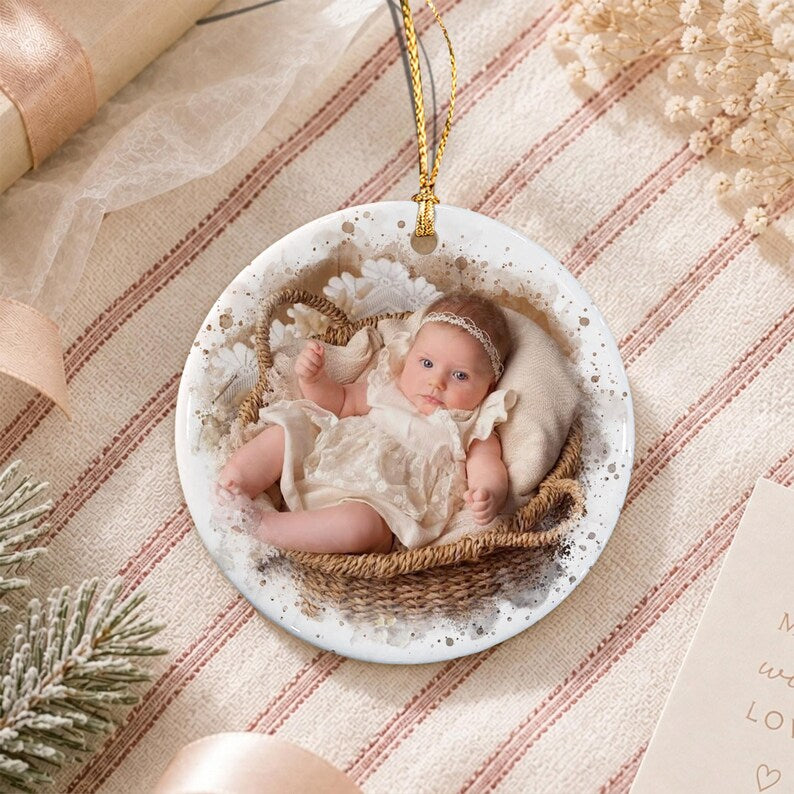 Personalized Baby Photo First Christmas Ornament, Santa Reindeer Winter Forest Double Sides Ceramic