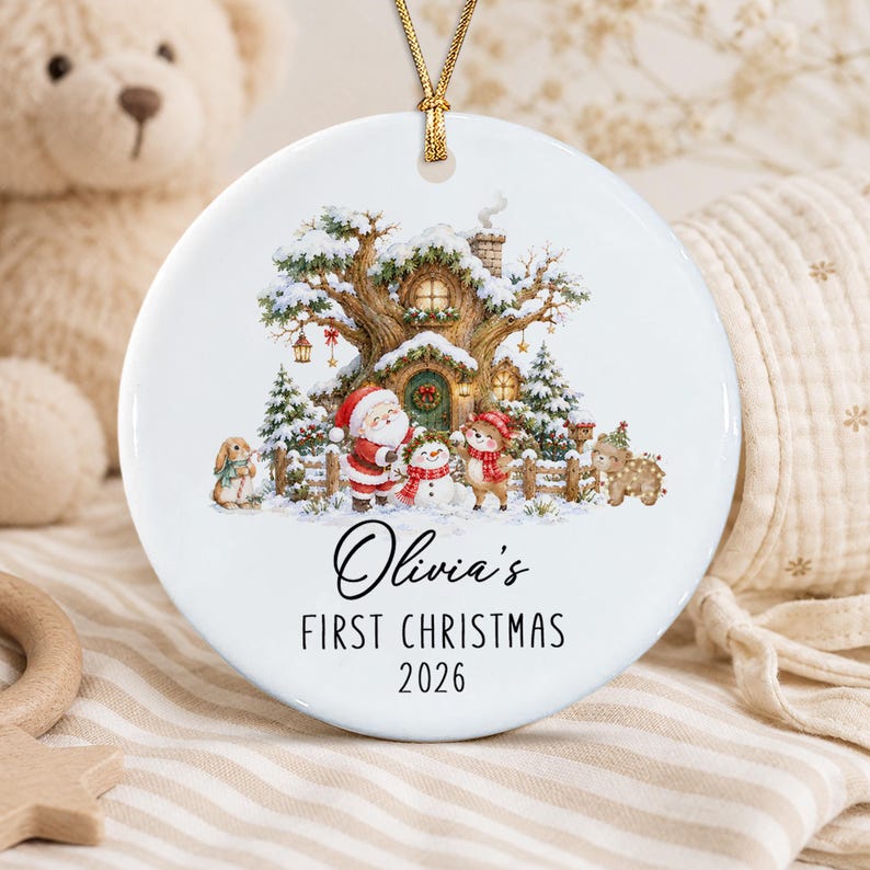 Personalized Baby Photo First Christmas Ornament, Santa Reindeer Winter Forest Double Sides Ceramic