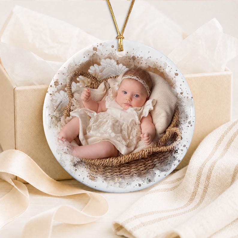 Personalized Baby Photo First Christmas Ornament, Santa Reindeer Winter Forest Double Sides Ceramic