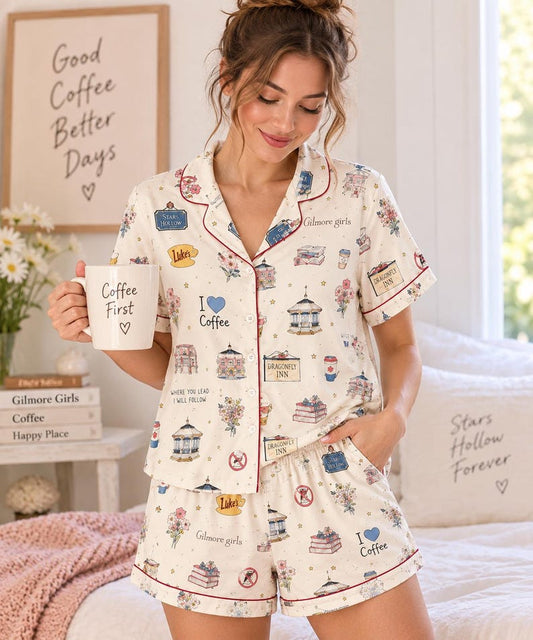 Cozy Coffee Pajama Set for Women, Book Lover Sleepwear, Vintage Small Town Lounge Set, Floral Pajamas, Long Sleeve PJ Set