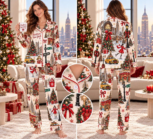 Christmas in New York Pajama Set, Short and Long Sleeve Christmas Pajamas, NYC Holiday Pajamas, Women's Christmas Gift, Festive Sleepwear