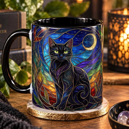 Black Cat Stained Glass Mug, Celestial Moon Coffee Cup, Witchy Aesthetic Gift, Magical Animal Art, 11oz 15oz Ceramic Tea Cup for Cat Mom