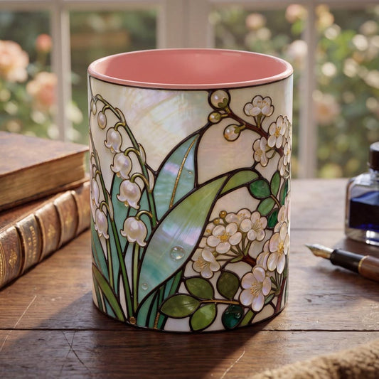 May Birth Flower Mug, Stained Glass Lily of the Valley & Hawthorn Mug, May Birthday Gift, Floral Coffee Mug, Jewel Tone Flower Mug