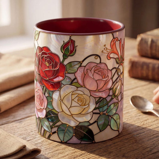 June Birth Flower Mug, Stained Glass Rose & Honeysuckle Mug, June Birthday Gift, Floral Coffee Mug, Jewel Tone Flower Mug