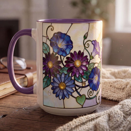 September Birth Flower Mug, Stained Glass Aster & Morning Glory Mug, September Birthday Gift, Floral Coffee Mug, Jewel Tone Mug