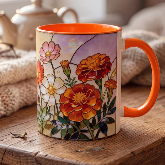 October Birth Flower Mug, Stained Glass Marigold & Cosmos Mug, October Birthday Gift, Floral Coffee Mug, Jewel Tone Flower Mug