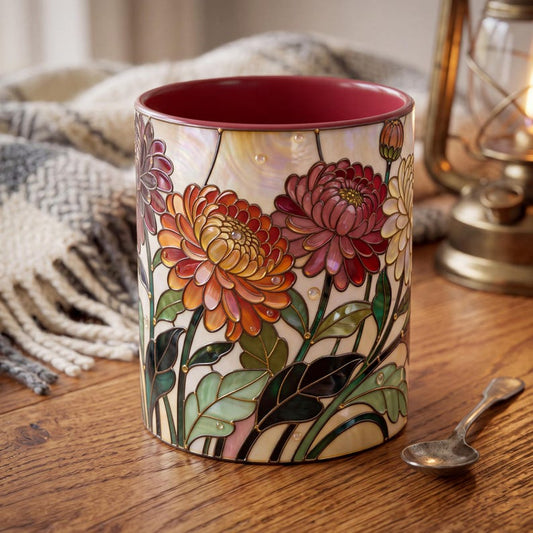 November Birth Flower Mug, Stained Glass Chrysanthemum Mug, November Birthday Gift, Floral Coffee Mug, Jewel Tone Flower Mug