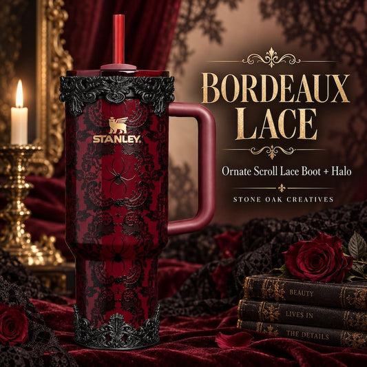Black Ornate Scroll Lace Tumbler Accessories | Victorian Gothic, fits Stanley Bordeaux Lace 20, 30 or 40 oz Boot, Lid Halo, Elegant Cup Gift
