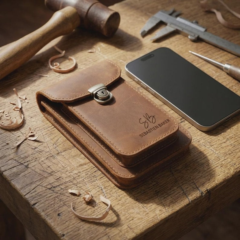 Personalized Crazy Horse Leather Phone Holster, Custom Engraved Double Belt Pouch for Workers