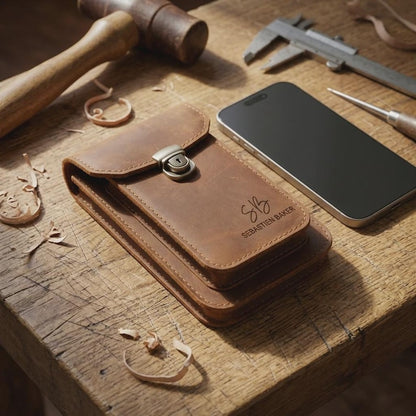 Personalized Crazy Horse Leather Phone Holster, Custom Engraved Double Belt Pouch for Workers