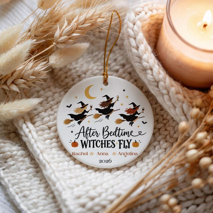After Bedtime Witches Fly Ornament, Personalized Mom Friends Halloween Gift, Names 2 to 6