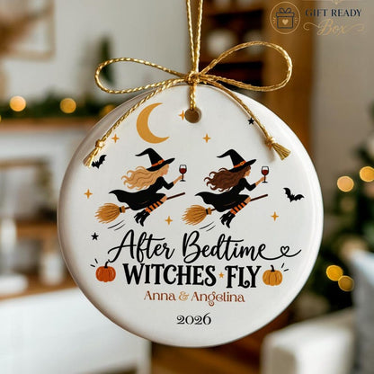 After Bedtime Witches Fly Ornament, Personalized Mom Friends Halloween Gift, Names 2 to 6