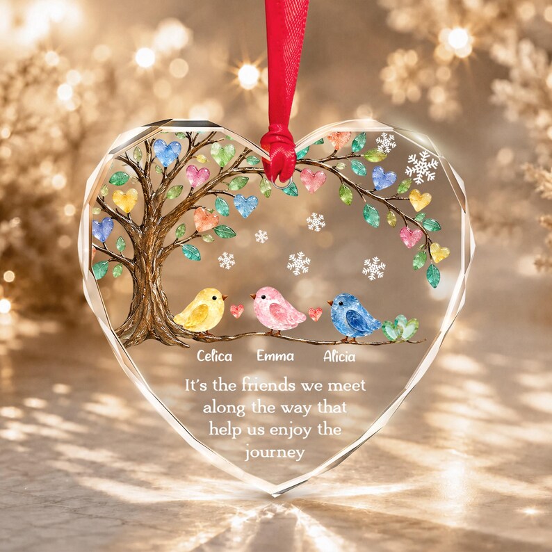 Personalized Friend Ornament, Friendship Keepsake Sea Glass Birds Art Heart