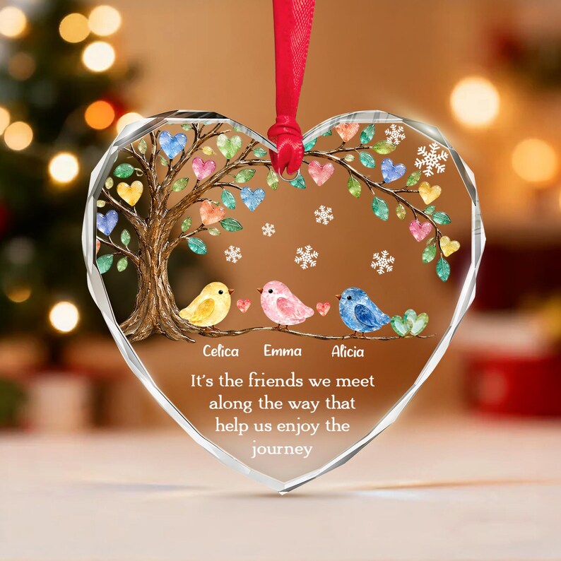 Personalized Friend Ornament, Friendship Keepsake Sea Glass Birds Art Heart