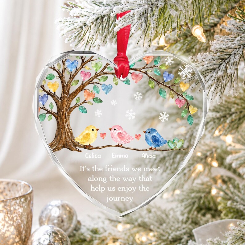 Personalized Friend Ornament, Friendship Keepsake Sea Glass Birds Art Heart