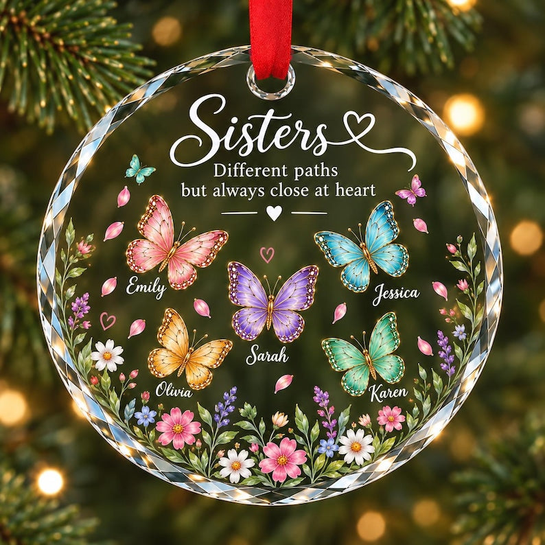 Personalized Sisters Butterfly Glass Ornament, Custom Name Sister Christmas Gift, Soul Sister Best Friend Keepsake