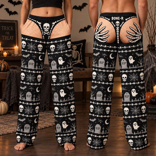 Halloween Pajama Pants, Skeleton Skull Print Lounge Pants for Adults