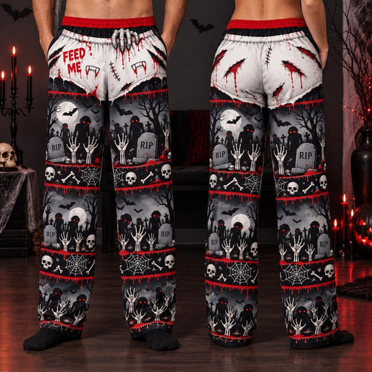 Skeleton Halloween Pajama Pants, Graveyard Print Spooky Lounge Sleepwear
