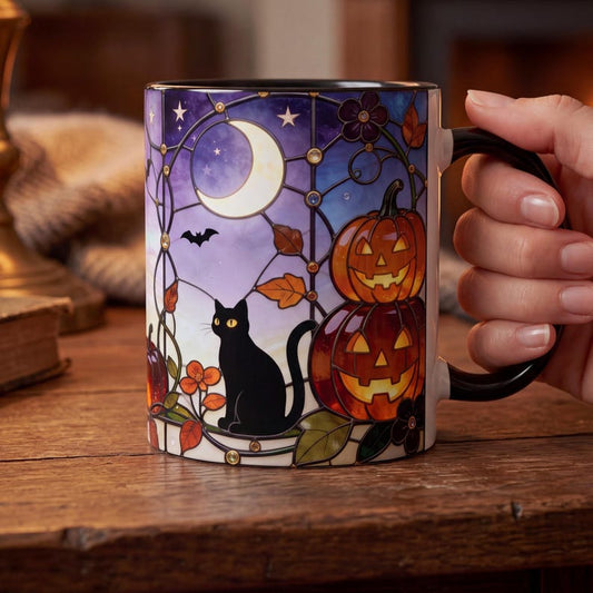 Stained Glass Black Cat Mug, Halloween Coffee Mug, Pumpkin Jack-o-Lantern Cup, Spooky Season Gift for Cat Lovers, Witchy Fall Mug
