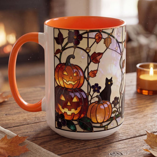 Stained Glass Black Cat Mug, Halloween Coffee Mug, Pumpkin Jack-o-Lantern Cup, Spooky Season Gift for Cat Lovers, Witchy Fall Mug