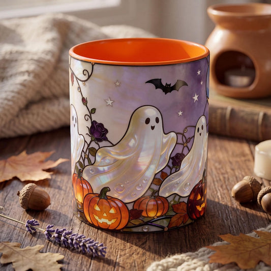 Stained Glass Ghost Mug, Halloween Coffee Mug, Cute Ghost Pumpkin Cup, Purple Rose Gothic Mug, Spooky Season Gift, Witchy Fall Mug