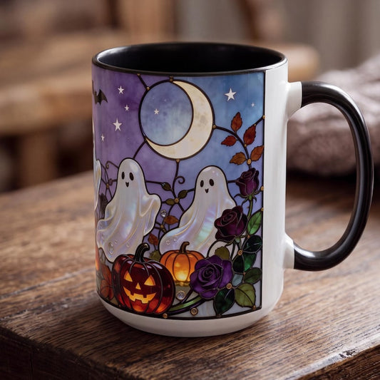 Stained Glass Ghost Mug, Halloween Coffee Mug, Cute Ghost Pumpkin Cup, Purple Rose Gothic Mug, Spooky Season Gift, Witchy Fall Mug