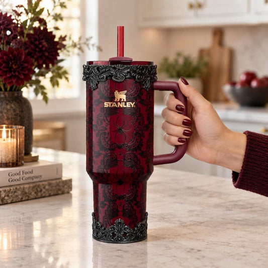 Black Ornate Scroll Lace Tumbler Accessories | Victorian Gothic, fits Stanley Bordeaux Lace 20, 30 or 40 oz Boot, Lid Halo, Elegant Cup Gift