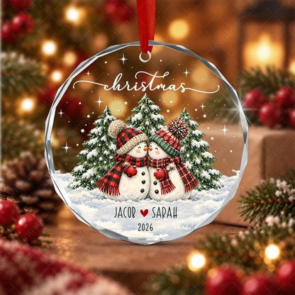 Personalized Couple Name Glass Ornament, Vintage Snowman Christmas Tree Keepsake