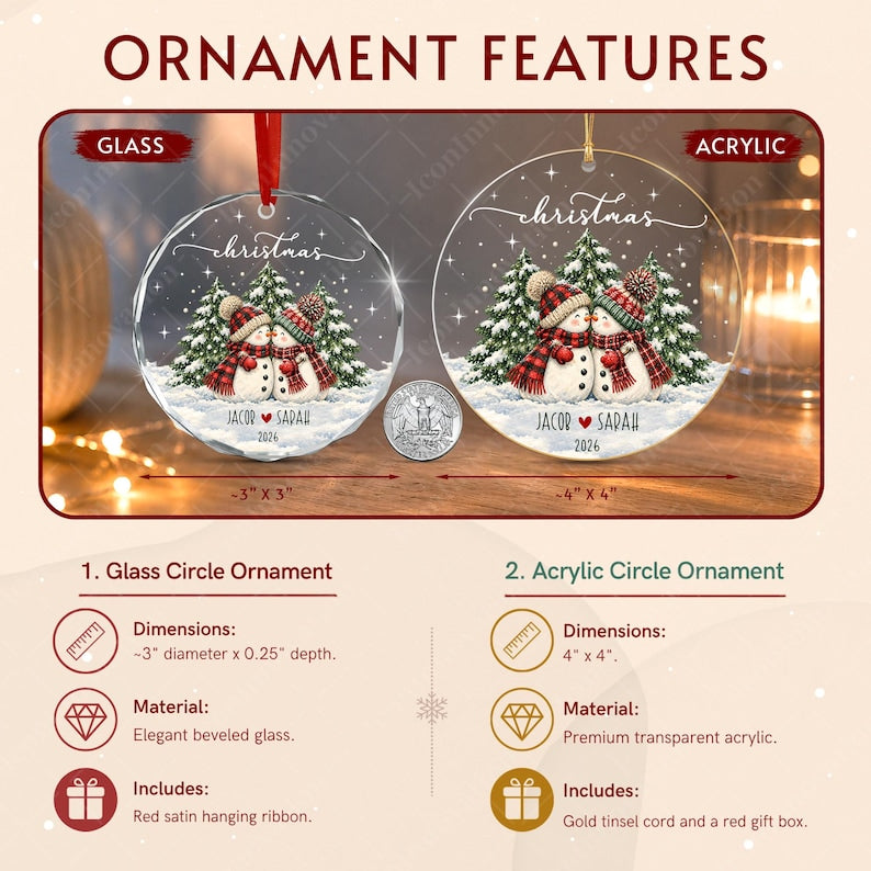 Personalized Couple Name Glass Ornament, Vintage Snowman Christmas Tree Keepsake