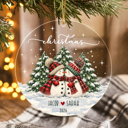 Personalized Couple Name Glass Ornament, Vintage Snowman Christmas Tree Keepsake