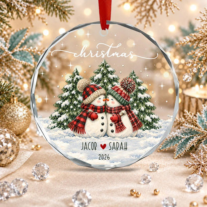 Personalized Couple Name Glass Ornament, Vintage Snowman Christmas Tree Keepsake