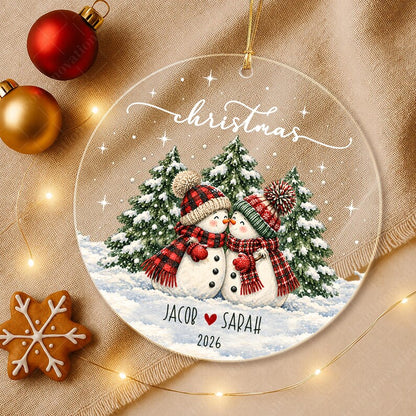 Personalized Couple Name Glass Ornament, Vintage Snowman Christmas Tree Keepsake